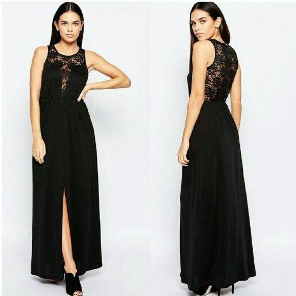 🆕 ASOS Black Maxi Dress Lace Plunge Wedding XS Small